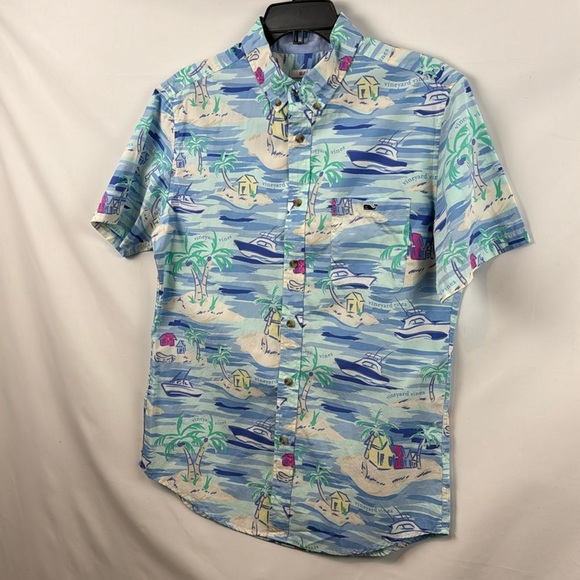 Vineyard Vines Island Scene Short Sleeve Woven Button-Down Summer Shirt Size S - Picture 7 of 12